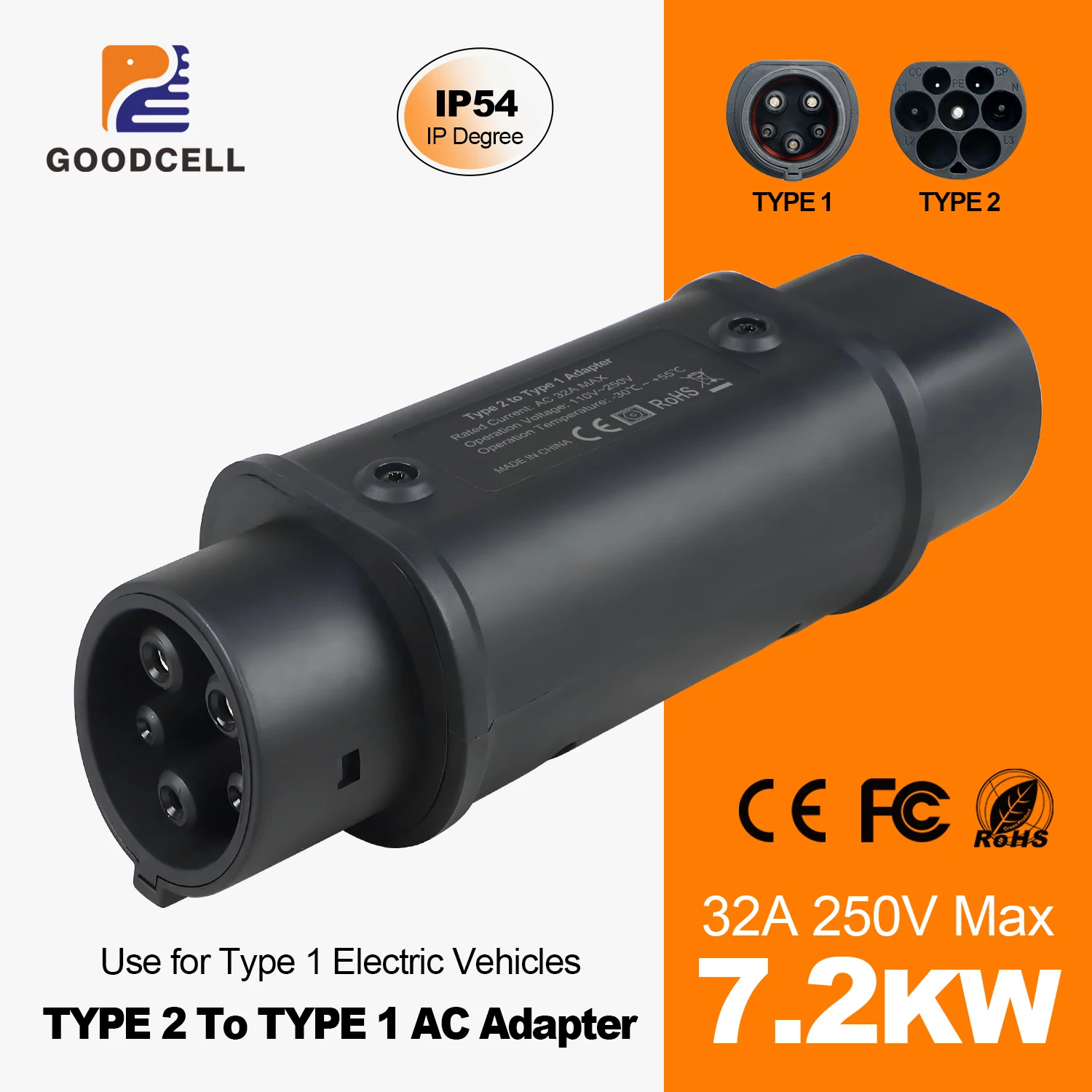 Goodcell Portable EV Charging Adaptor Type 2 IEC 62169 To Type 1 SAE J1772 Home Charging For US Electric Vehicle Hybrid Cars
