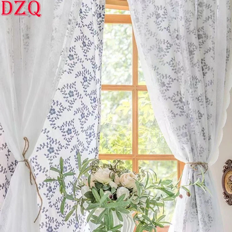 140*180 Idyllic Rural Blue Flowers Lace Tulle Door Curtains Chinese Style Floral Double Layer Lace Curtains for Living Room A268