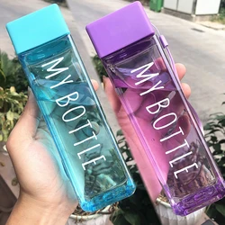 1Pc 480ml Transparent Square Plastic Water Cup Outdoor Cold Juice Water Sports Cup with Portable Milk Rope Water Bottle