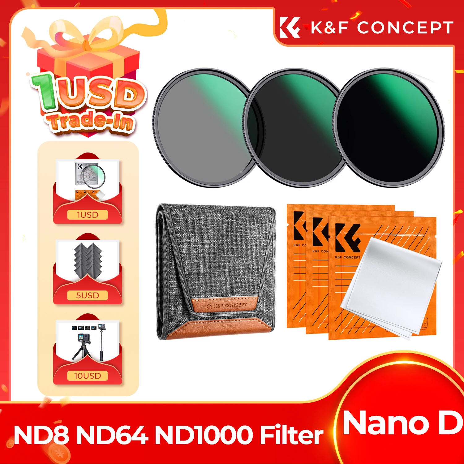 K&F Concept 49-82mm ND8 ND64 ND1000 Camera Lenses Filter Kit with Clean Cloth Pouch for Nikon Canon Leica Neutral Density Filter