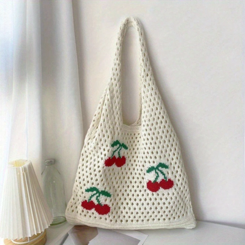 Kirschfarbene Gestrickte Schultertasche mit Hohlmuster, Bestickte Handtasche, Einfarbige Sommer-Tragetasche für Damen