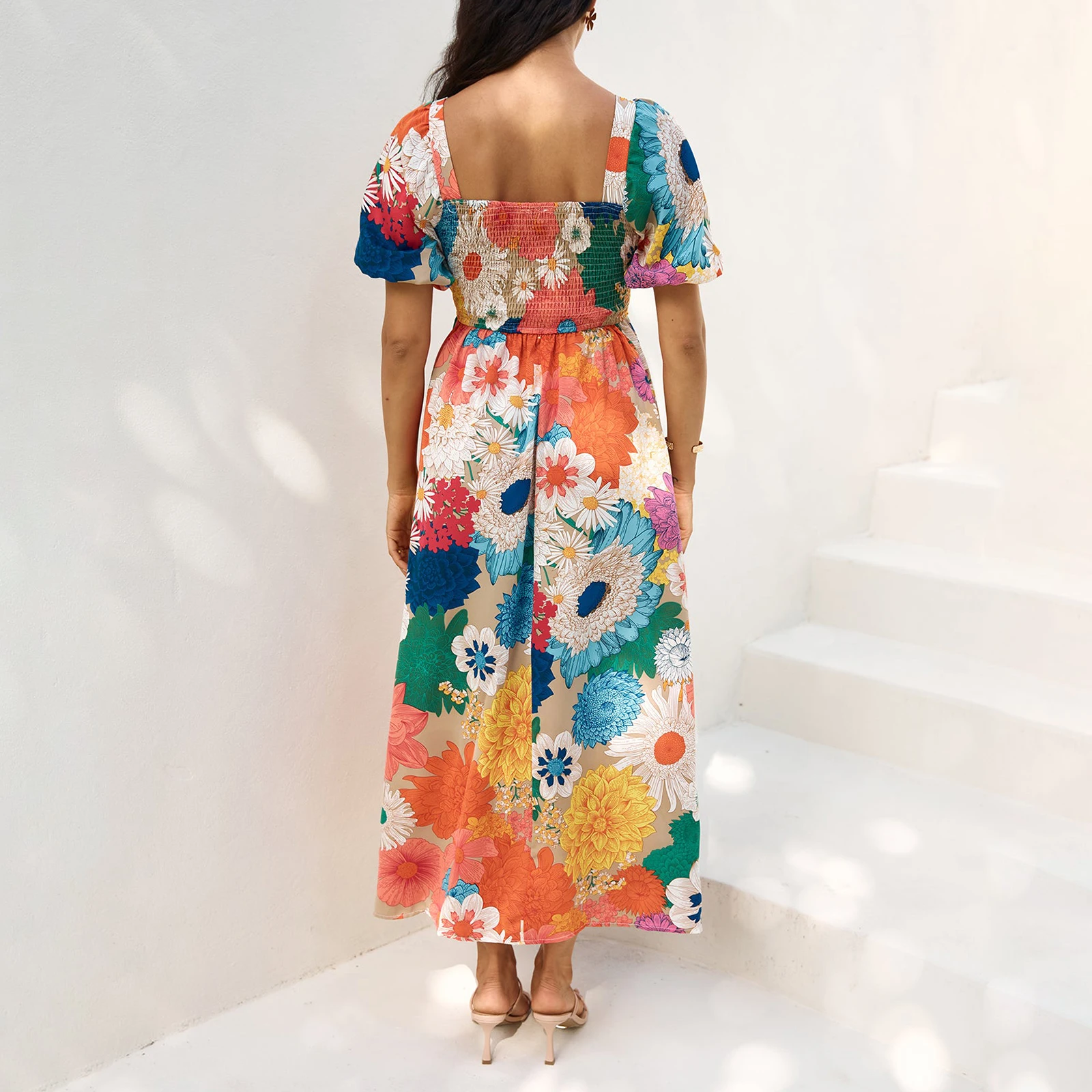 Hirigin-Vestido largo con estampado Floral para mujer, maxivestido con cintura ajustada, cuello en V, manga corta, holgado, para fiesta y Club de verano