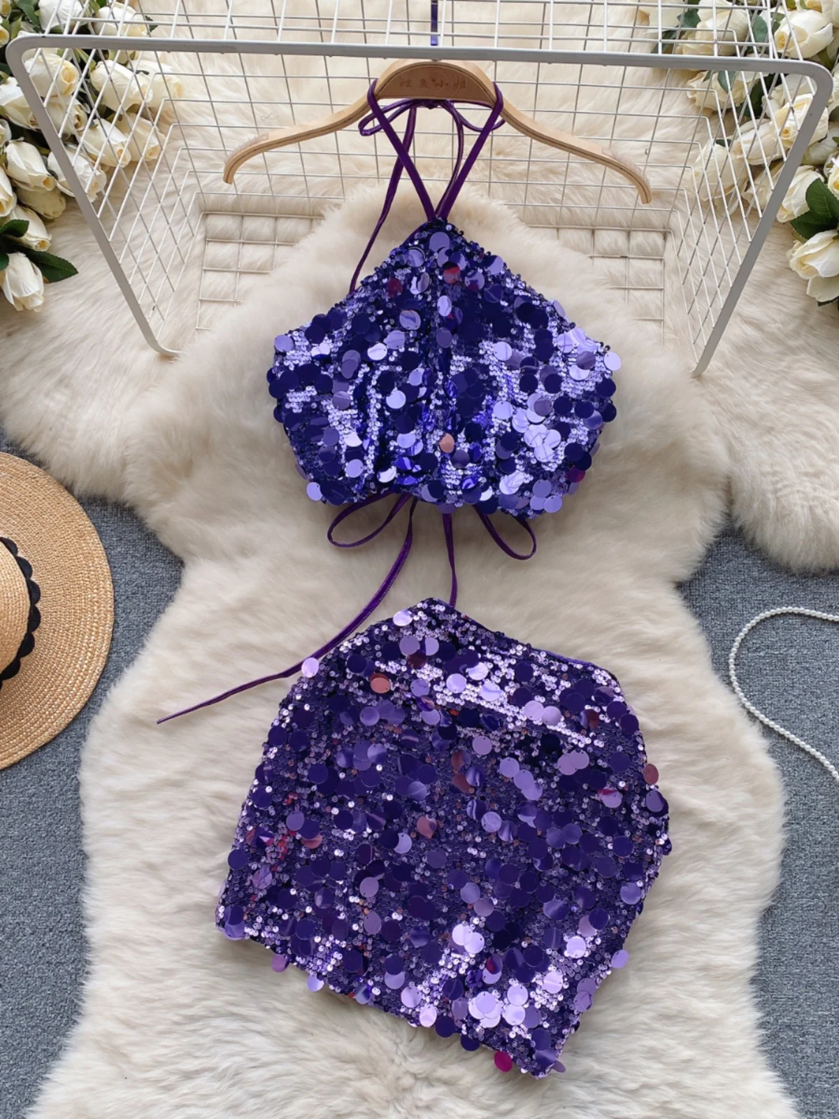 

Glitter Set Women's ort f-length Skirt And Crop Top Two-piece Suit Faionable And Ele Par Wear
