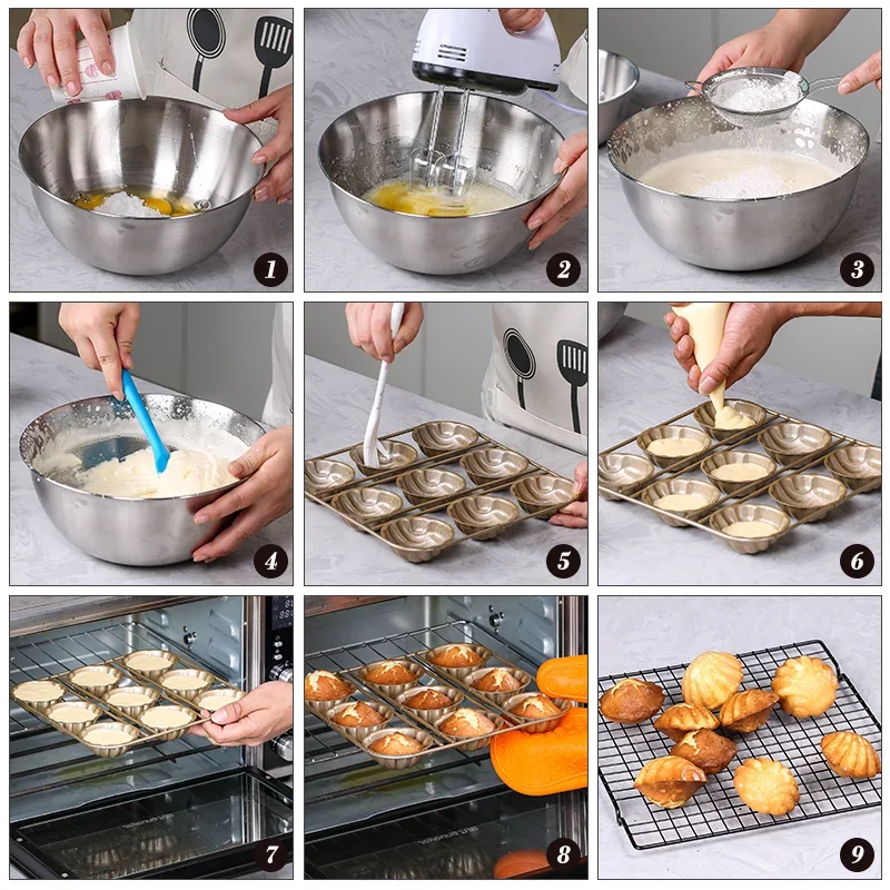 9 Grids Carbon Steel Golden Shell Scallop Mold DIY Cookies Cake Mold Madeleine Pan Baking Tray Bakeware for Kitchen Pastry Tools