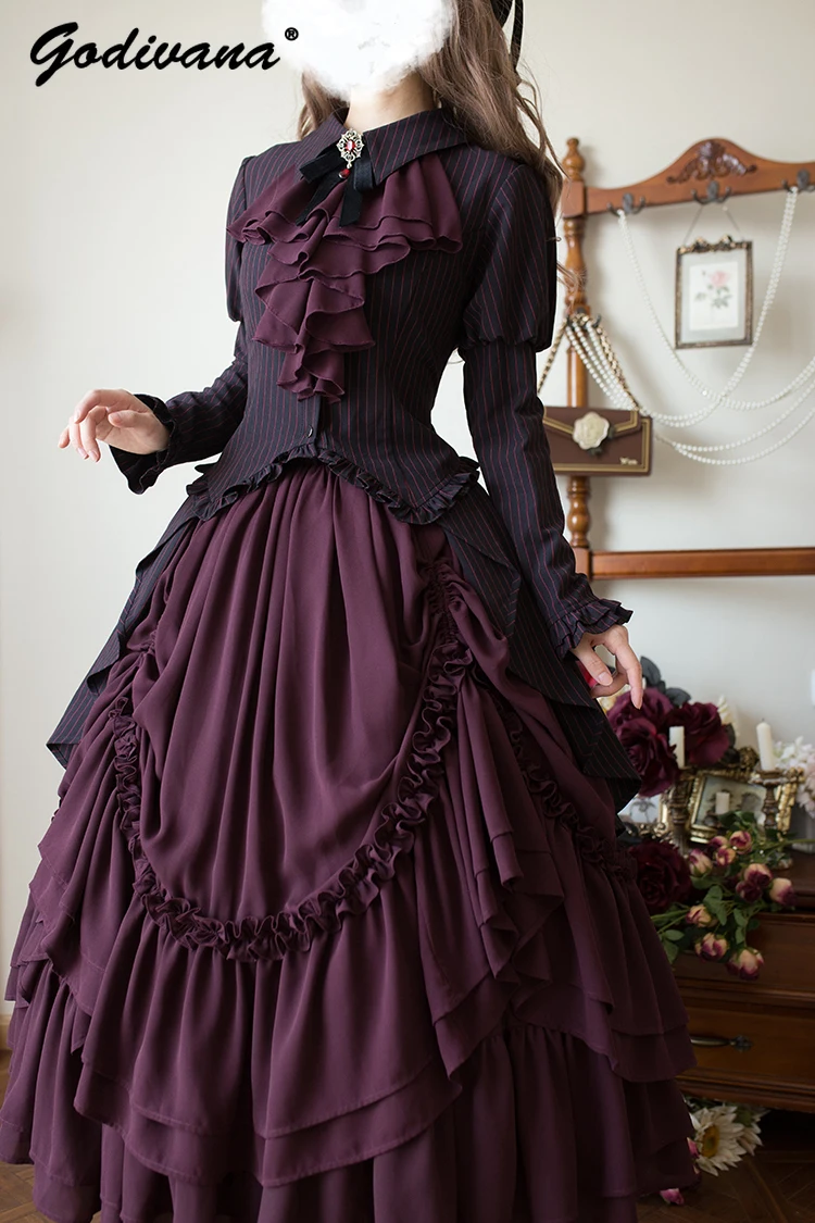 جديد الخريف القوطية المحكمة نمط المرأة الرجعية طويلة الأكمام مخطط يرتدى قميص لوليتا تنورة قطعتين مجموعة ملابس لوليتا الإناث