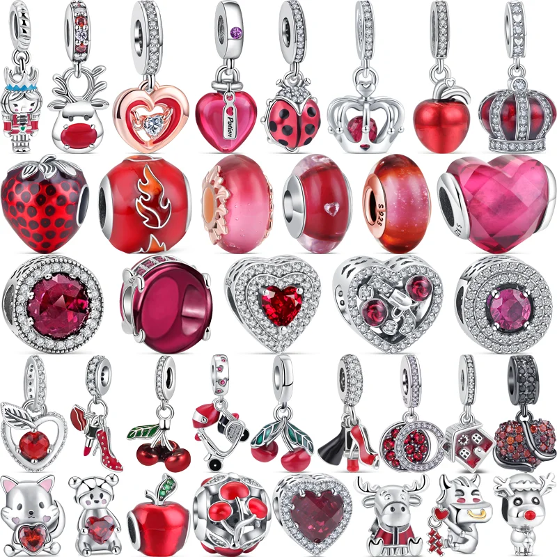 Fit Original Pandora Charms Bracelet DIY Jewelry 100% 925 Sterling Silver Red Murano Glass Zircon Apple Cherry Crown Heart Beads