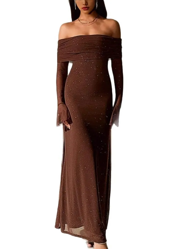 여성 졸업 파티 프롬 우아한 롱 드레스 섹시한 오프숄더 슬림 드레스 패셔너블한 반짝이는 힙허깅 롱 드레스