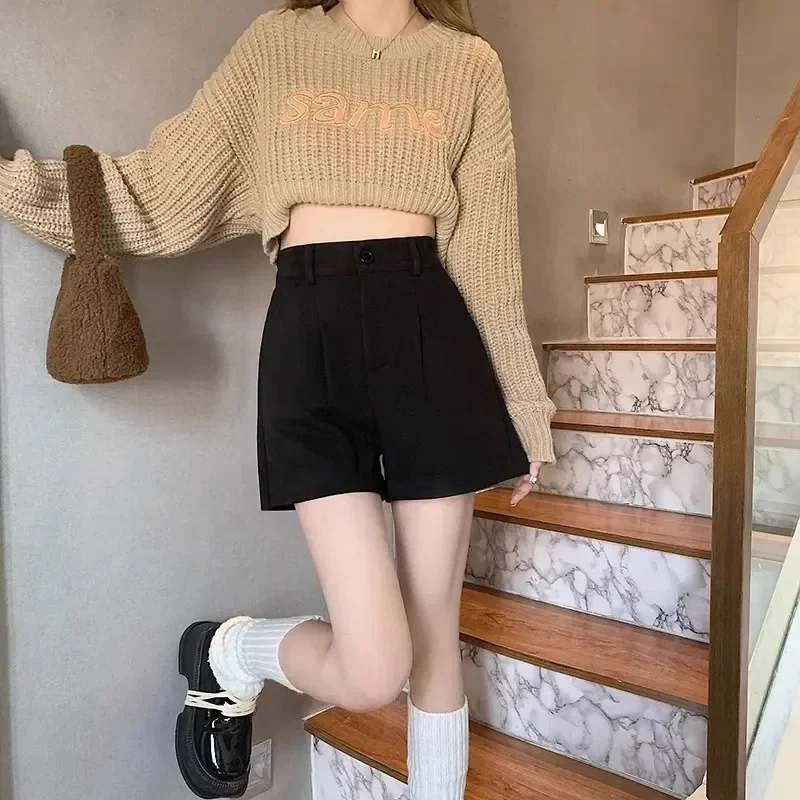 Black Autumn/winter Women's High-waisted Straight-leg Woolen Shorts Plus Bean Boots Casual Fashion Wide Leg Pants