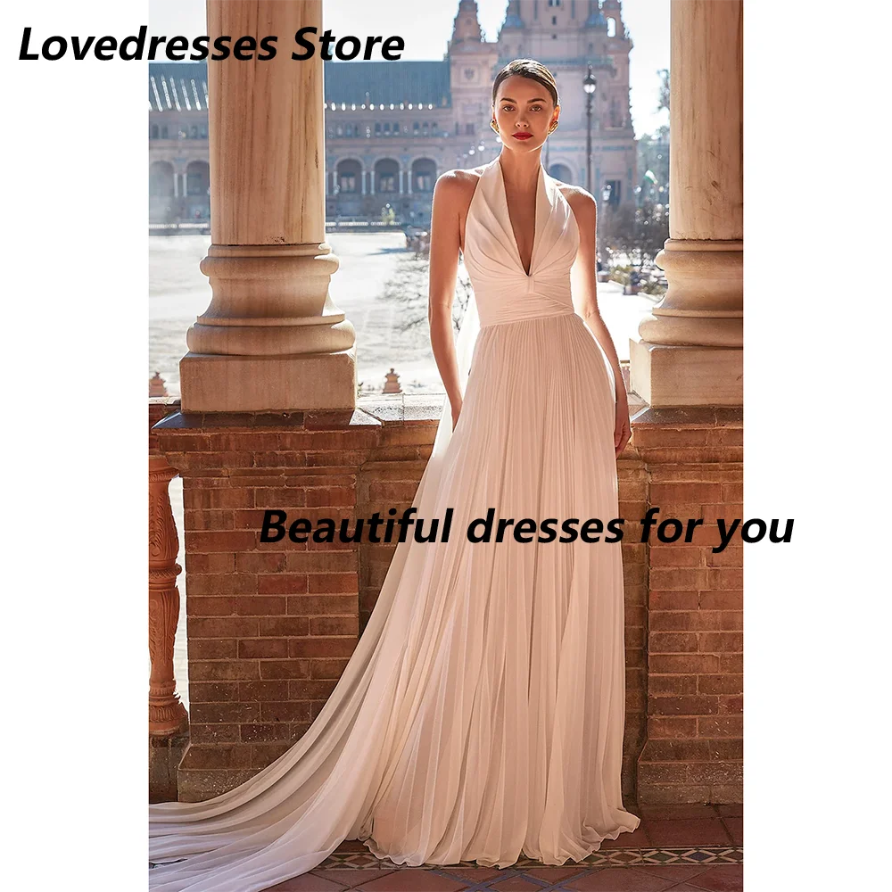 

Elegant Wedding Dress for Women Bride Halter V-Neck Sleeveless Pleat A Line Floor Length Chiffon Simple Bridal Gown 2025