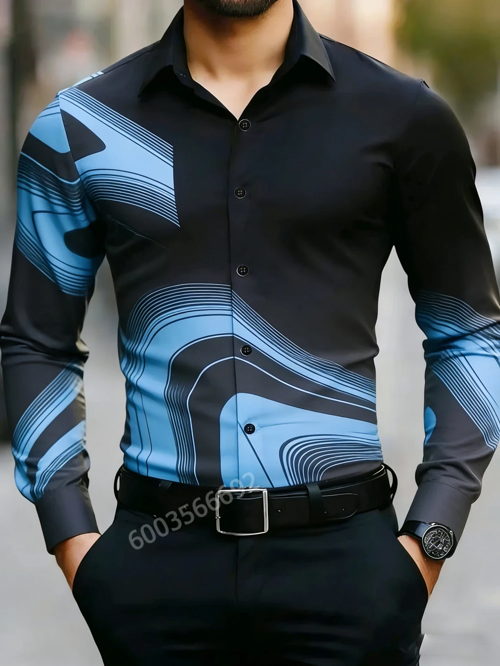 2026 Men's Fall Long Sleeve Shirt Geometric Radial Line Print Button Down Business Casual Fashion Tops Men Clothing