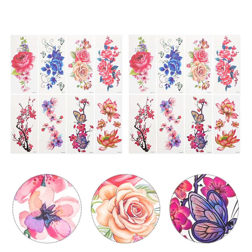 

16 шт. цветных временных татуировок с цветочными узорами, водонепроницаемые наклейки для тела, шеи, груди, рук, безопасный дизайн