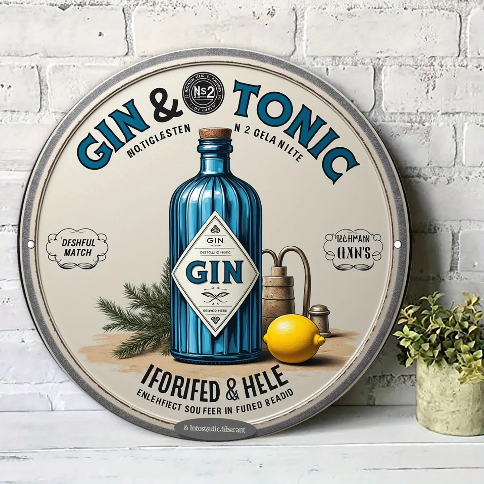 A 2D Printed Round Metal Sign Plaque Made of Aluminum, Featuring a Vintage Gin And Tonic Theme Design, Perfect for Decorating
