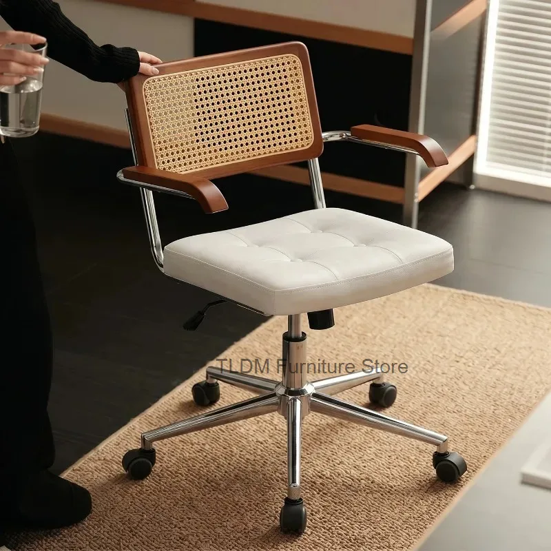 Rattan Panel Back Office Chair Tufted Velvet Padded Seat Wooden Armrest Swivel Rolling Desk Chair for Study Workspace Home