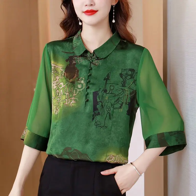 Women\'s Clothing Spring Summer New Blouse Loose Satin Shirt 2023 V-Neck Three Quarter Large Printing Elegant Fashion Vintage Top