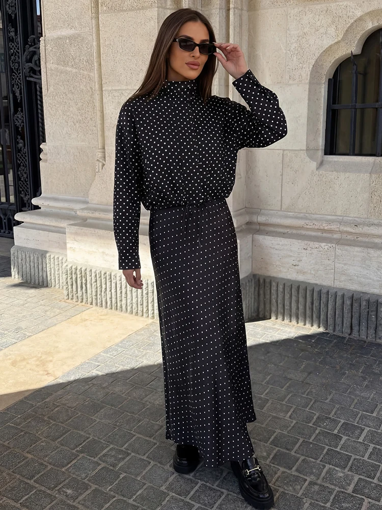 HH Elegant Spring Women Polka Dot Jacket Skirts Suits 2026 Stand Collar Cropped Jacket+Satin High Waist Midi Skirt 2-Piece Set view 3