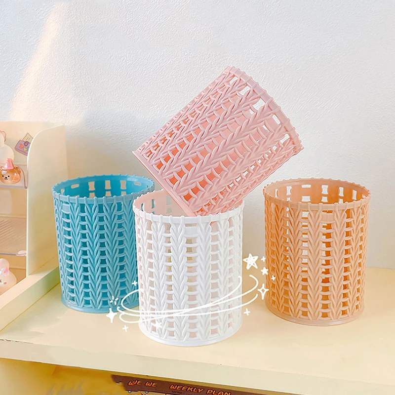 Creative Rattan Plastic Pen Holder Multi-functional Hollow Boxes Desktop Office Stationery Bucket Pencil Container Storage Box