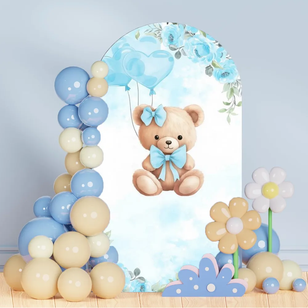 Blue Balloons Bear Arch Backdrop Cover Baby Shower Kids Birthday Party Decor Single-sided Elastic Arched Background Photo Studio