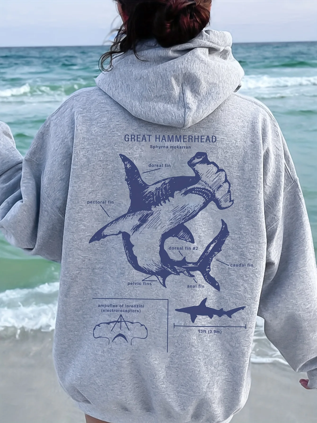 Felpa casual da donna con stampa di squali con animali marini