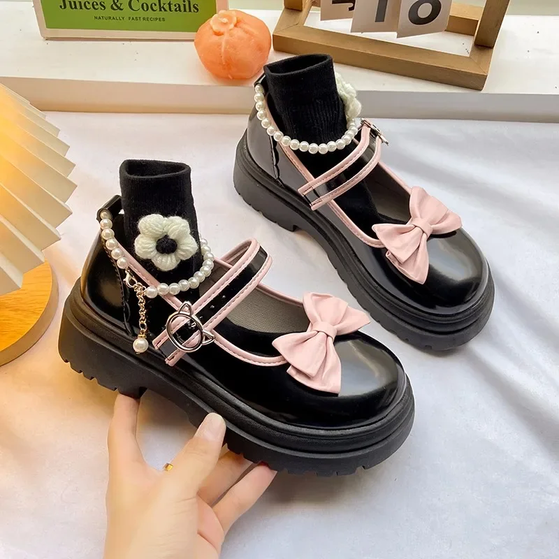 Pumps Women Shoes 2023 New Fashion Anti-Slip Bow Sweet Mary Jane Shoes Platform Lolita Shoes Retro Round Toe Women's