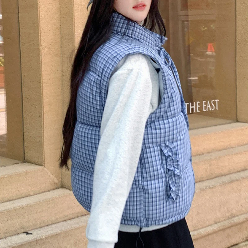2025 가을 겨울 신상 블루 플래드 다운 코튼 베스트 여성 Y2K 한국 패션 슬리브리스 재킷 패딩 따뜻한 스탠드 칼라 조끼