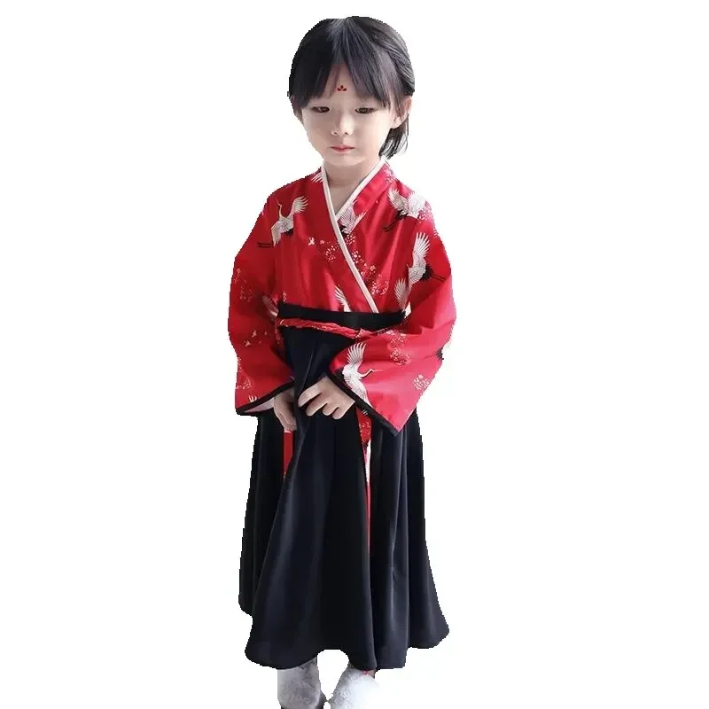 Little Girl Baby Crane Print Robe Set Japanese Girl Dress Kimono Costume Child Floral Embroidery Tops Skirt Kids Yukata Clothes