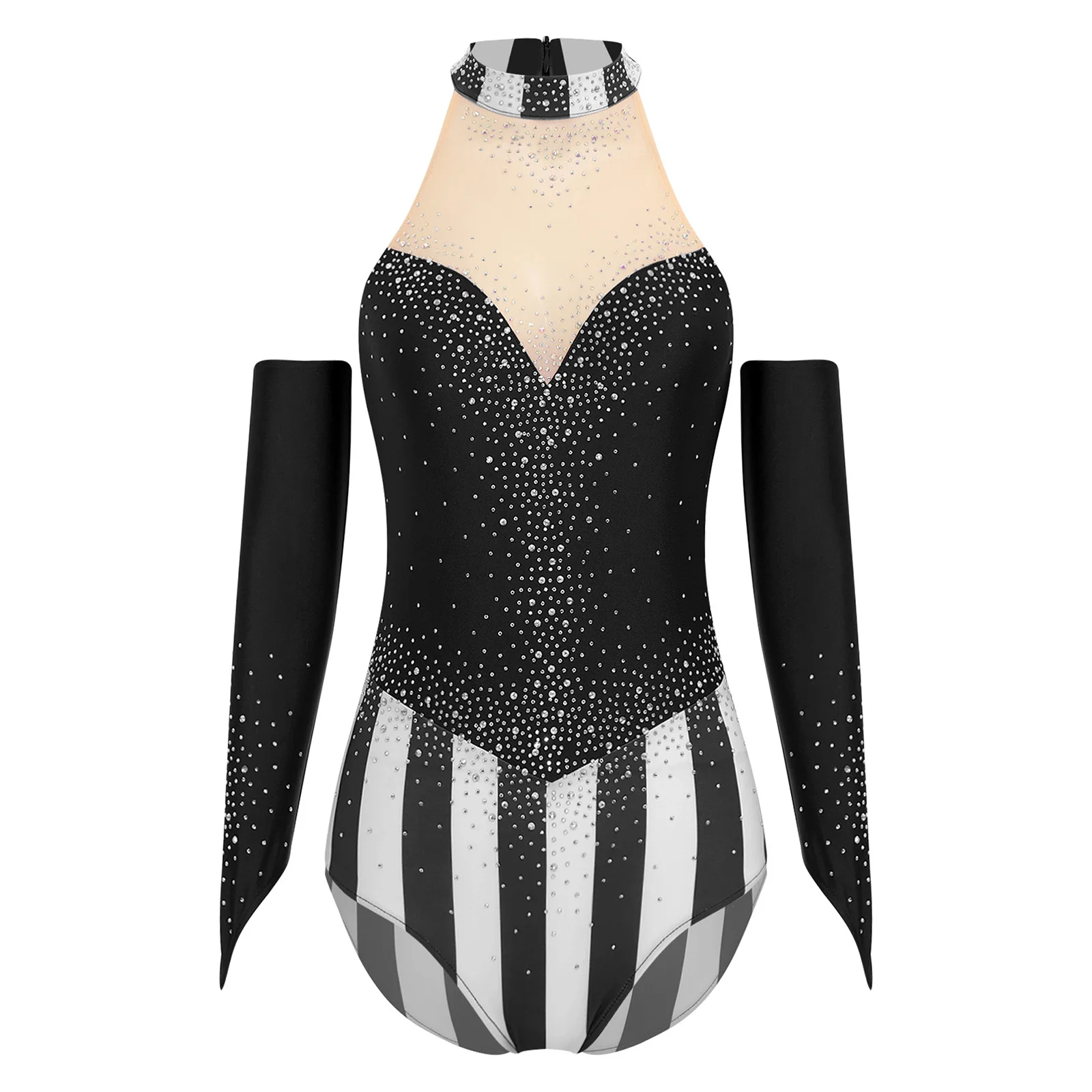 

Women Halloween Circus Ringmaster Cosplay Bodysuit with Gloves Glittery Rhinestone Sleeveless Leotard And Gloves for Party Dance