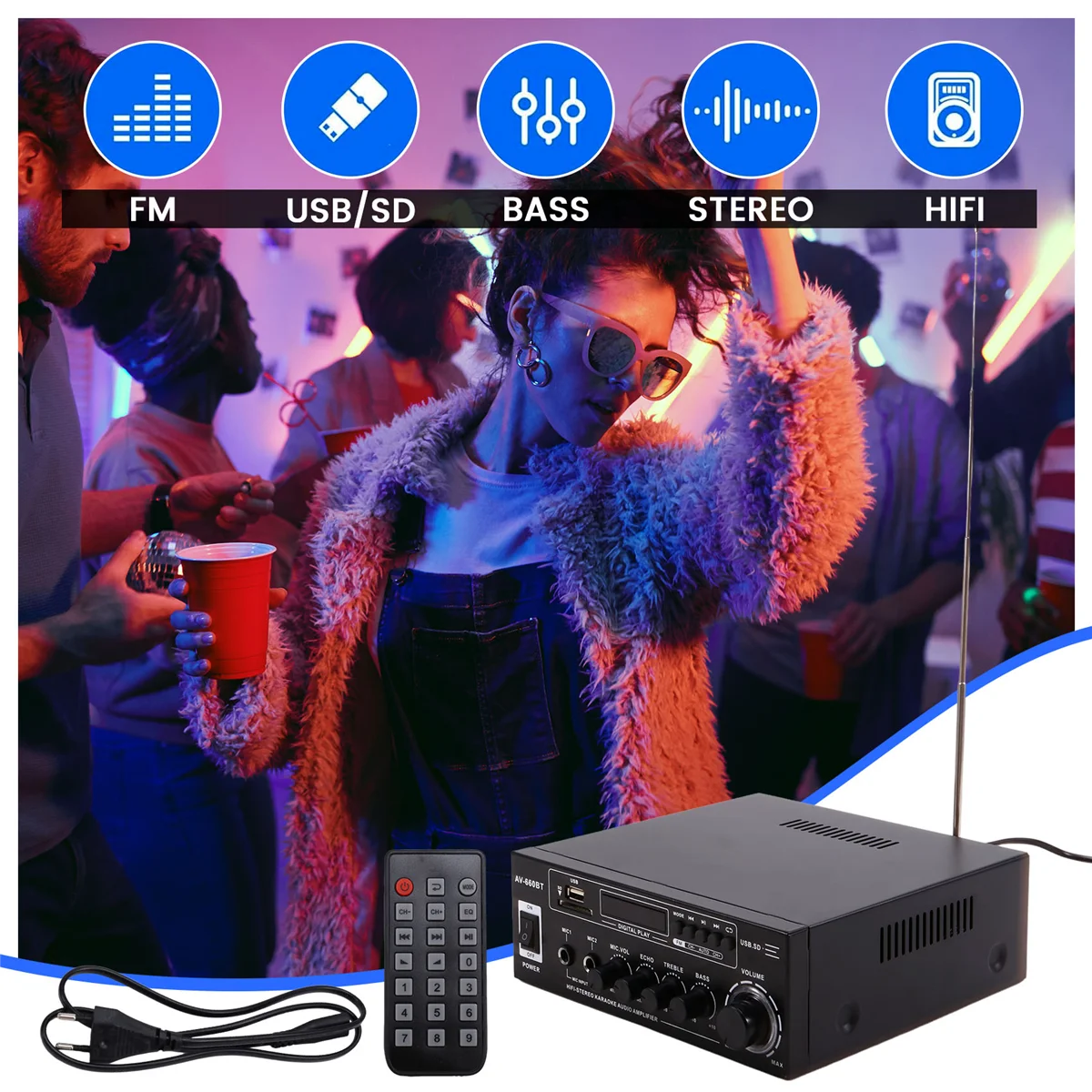 AV-660BT Bluetooth Sound Amplifier - Power Amplifier Support Bluetooth, FM Radio, USB, SD Card & Dual Mic Inputs EU PLUG