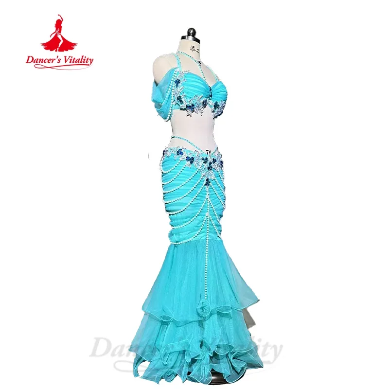 BellyDance Set Women\'s Customized Luxury Rhinestone Bra+Exquisite Pearl Fishtail Skirt 2pcs Oriental Dance Performance Clothing