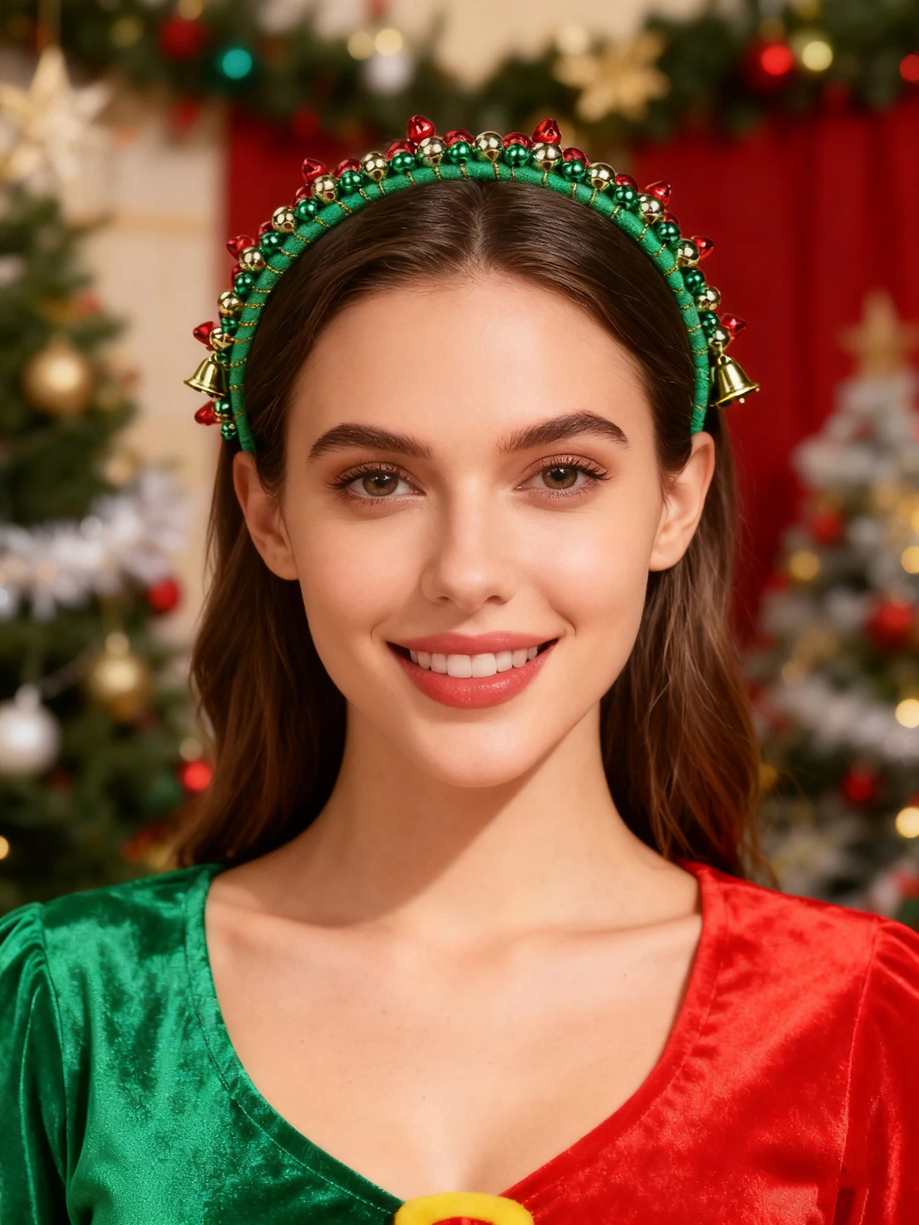 

1 шт. Женский рождественский ободок для волос, красно-зеленый, из тонкого фланеля, с бусинами и рождественскими колокольчиками, праздничный аксессуар для волос