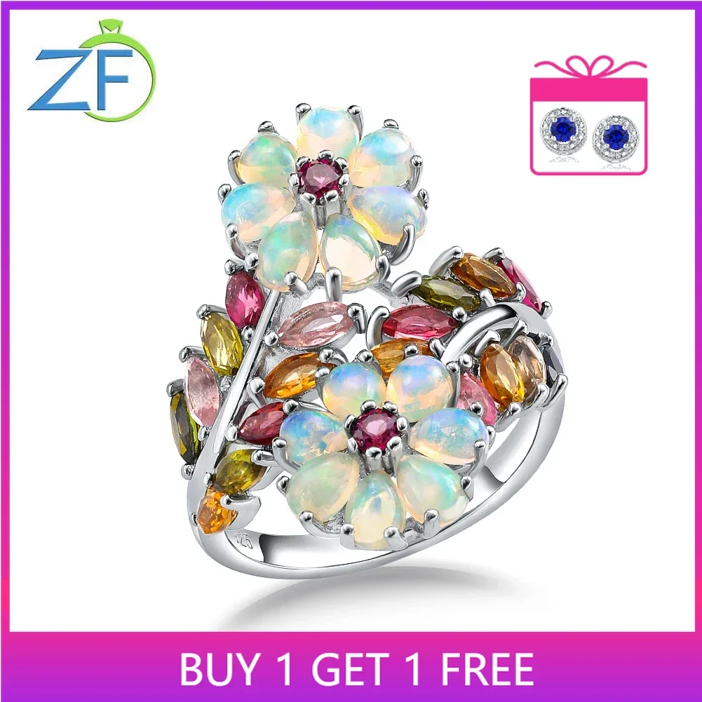 

GZ ZONGFA Authentic 925 Sterling Silve Flower Rings for Women Natural Opal Tourmaline 3ct Gems Colorful Trendy Fine Jewelry