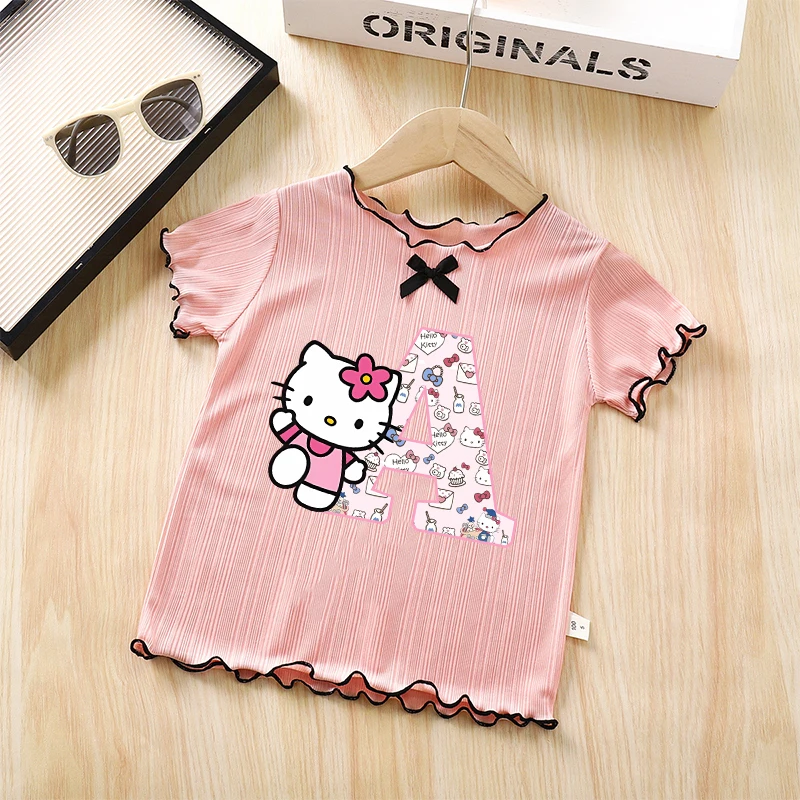 

Sanrio Kids Short Sleeve T-shirt Hello Kitty Summer Casual Ice Silk Tops Girls Kawaii Tees Cute Breathable Child Clothing Gifts