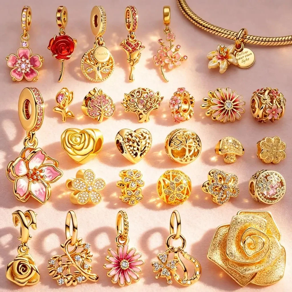 Abalorios de flor de cerezo dorada brillante, rosa roja y margarita rosa para árbol genealógico, compatibles con pulseras de serpiente originales, regalo de joyería DIY