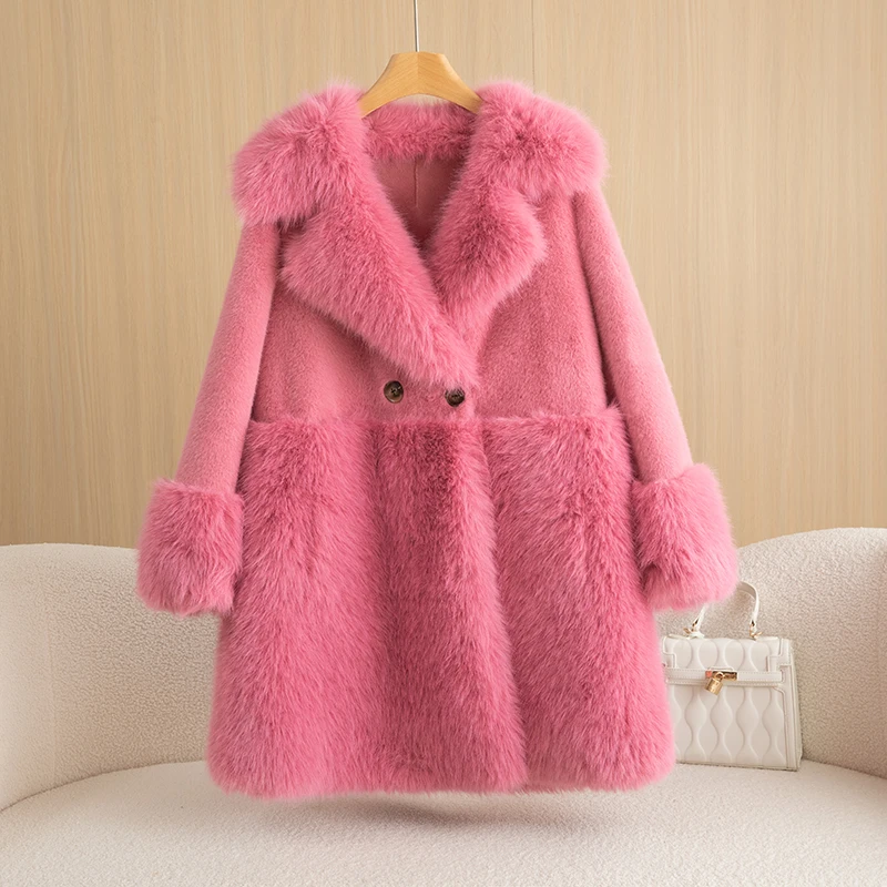 Winter Warm Women's Coat Refined Imitation Gold Mink Velvet Long-Cut Coat Comfortable Big Fur Collar Windproof Women's Clothing