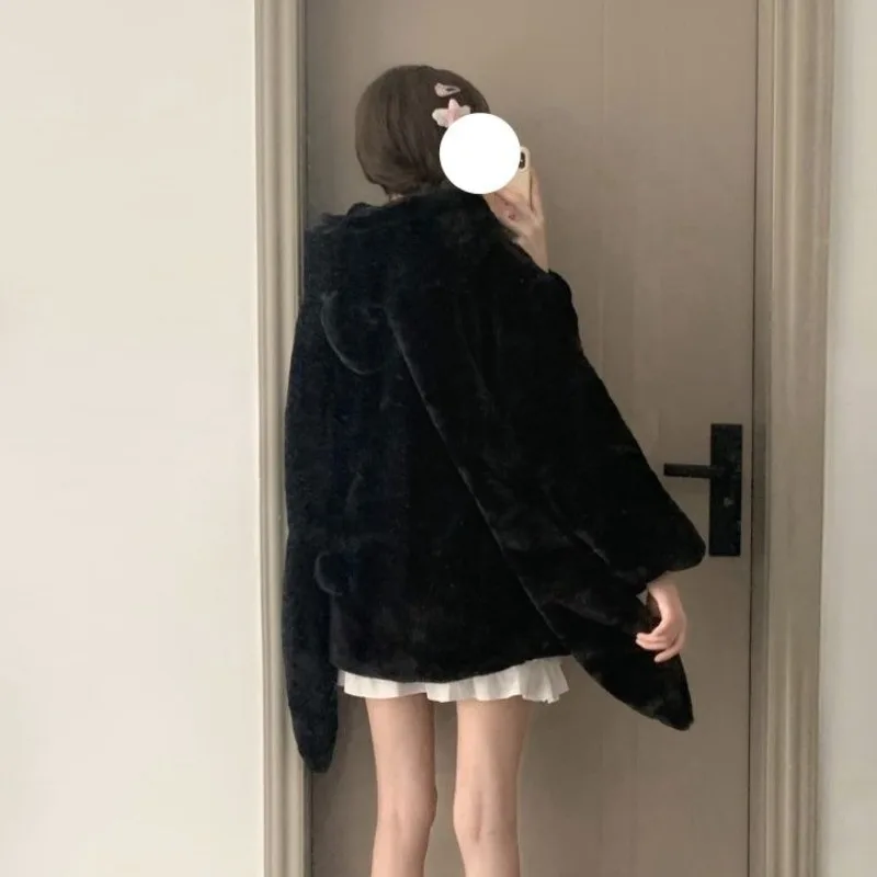 Lautaro Winter Oversized Warm White Faux Fur Coat Women ith Bunny Ears Kawaii Sweet Cute Japanese Style Fluffy Jacket Hoodie