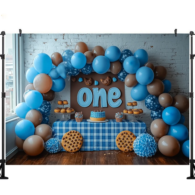 LS Cookies الحليب التصوير خلفية باب خشبي الأزرق الخلفيات الأطفال 1st حفلة عيد ميلاد التصوير الفوتوغرافي استوديو الصور