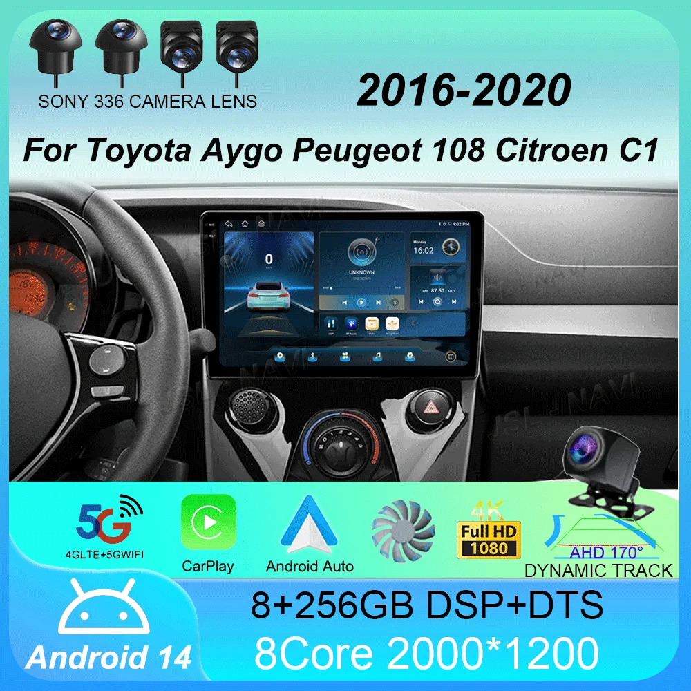 Car Radio Android 14 For Toyota Aygo Peugeot 108 Citroen C1 2016 - 2020 Auto Multimedia Player Stereo 4G WIFI Carplay 360 Camera