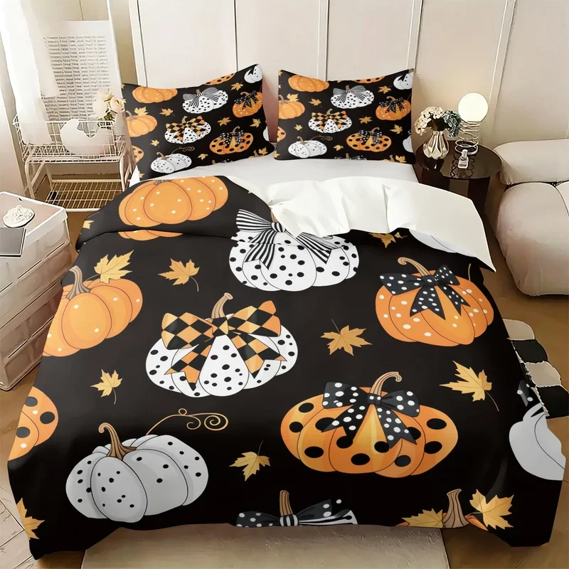 Pumpkin Maple Bow Duvet Cover Set(1 Cover & 1-2 Pillowcase) Aesthetic Fall Bedding Set Soft Microfiber Bed Decor for Bedroom