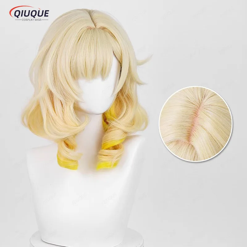 Aglaea Cosplay perruque courte bouclée lumière dorée dégradé jaune perruque résistant à la chaleur cheveux synthétiques Halloween perruques + bonnet de perruque