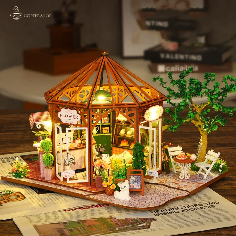 DIY Wooden Miniature Model Kit Flower Coffee Store Casa 3D Puzzle Dollhouse With Furniture Lights Home Decor for Friends Gifts