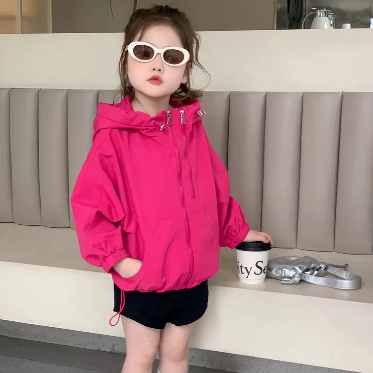 

2026 Winter Girls' Vibrant Pink Hooded Windbreaker, Autumn Jacket, Casual Long - Sleeve Outerwear for Toddlers Cute Kids' Coat