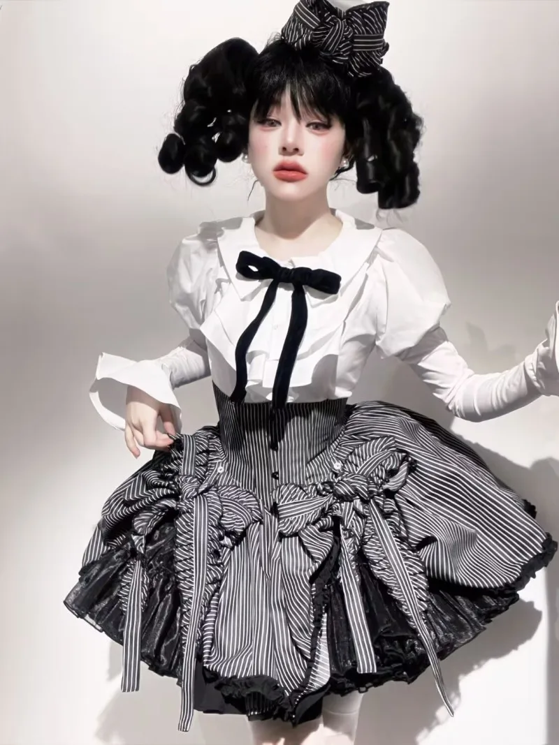 

Lolita High Waist Skirt Set Striped Wednesday Lolita Puff Skirt Gothic Style Shirt+Mini Skirt 2 Piece Sets Womens Outfits Autumn