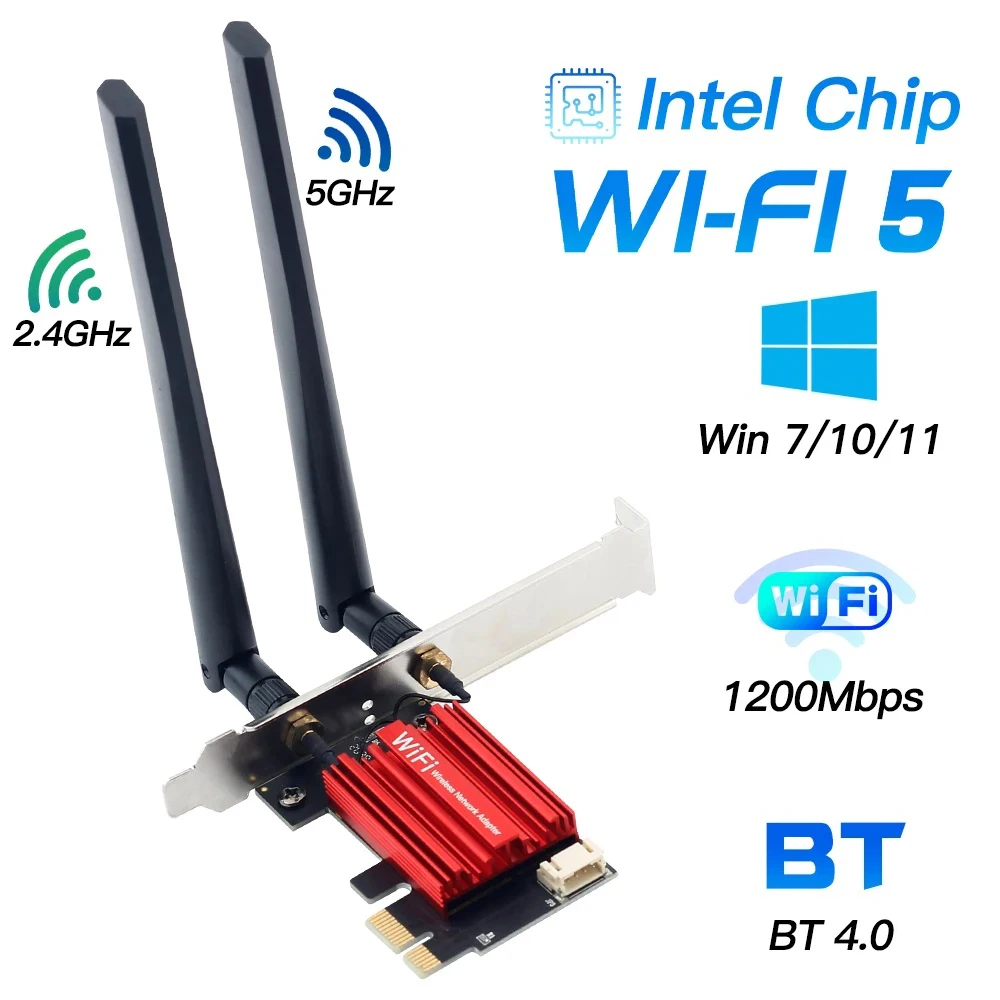 1200Mbps WiFi 5 PCI‑E Wireless Network Card Dual Band 2.4G/5GHz 802.11AC Bluetooth 4.0 Desktop Adapter for Windows 7/8/10/11