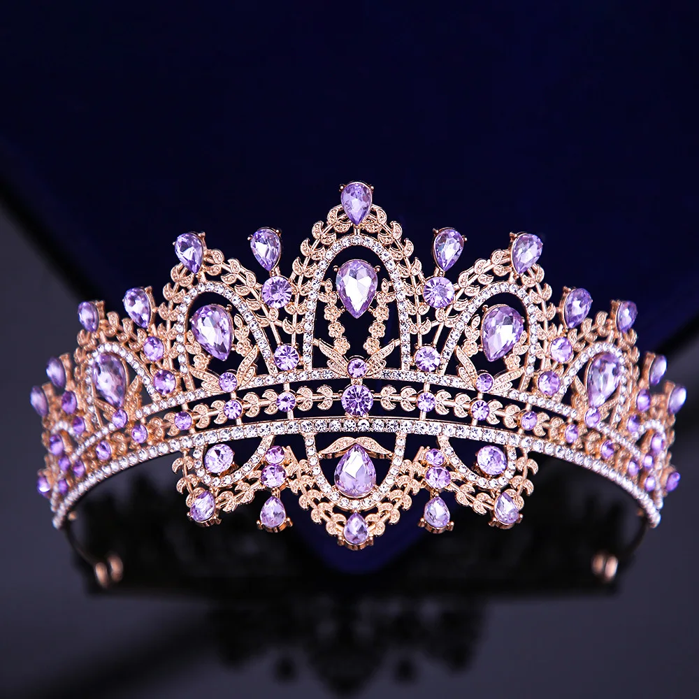 Luxury Frontlet Pink Rhinestone Bridal Tiaras Crown Baroque Crystal Pageant Prom Diadem Bride Headbands Wedding Hair Accessories