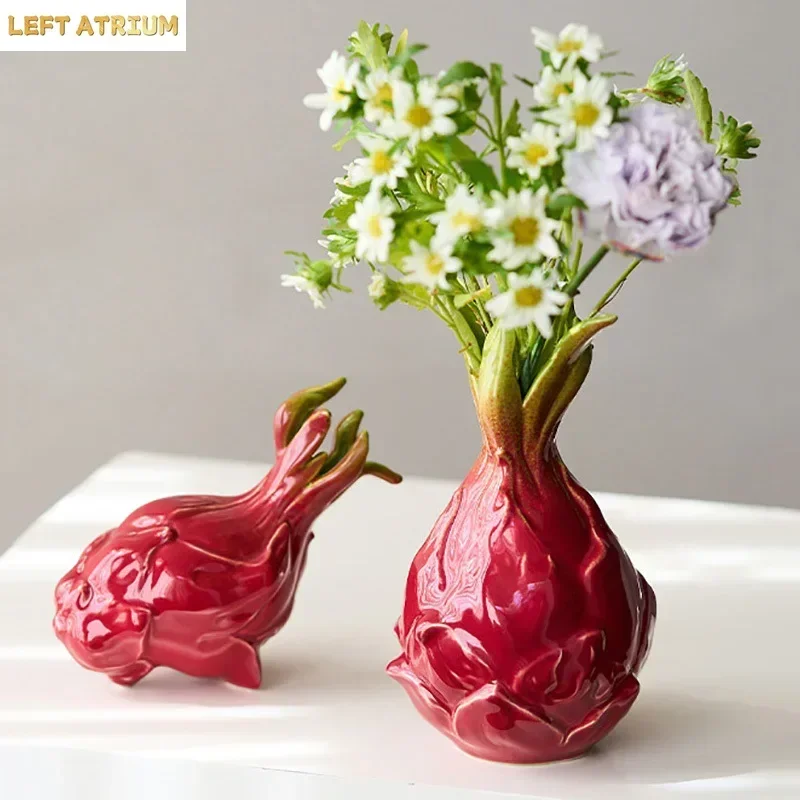 Creative Pitaya Shape Ceramic Vase Desk Decoration Flowers Arrangement Artificial Flower Decorative Vases Room Aesthetic Decor