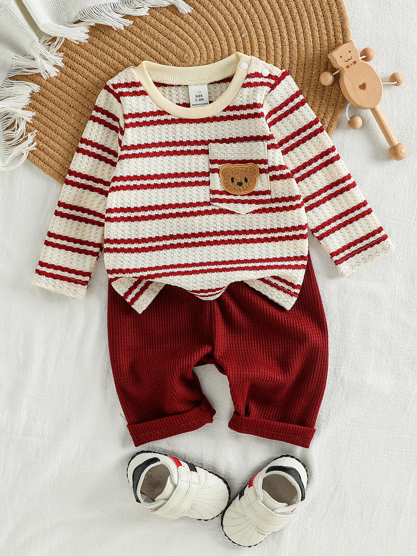 Baby Striped Long Sleeve Top & Pants Set, Cute Bear Print Outfit, 0-2Y Newborn Toddler 2Pcs Clothing Set