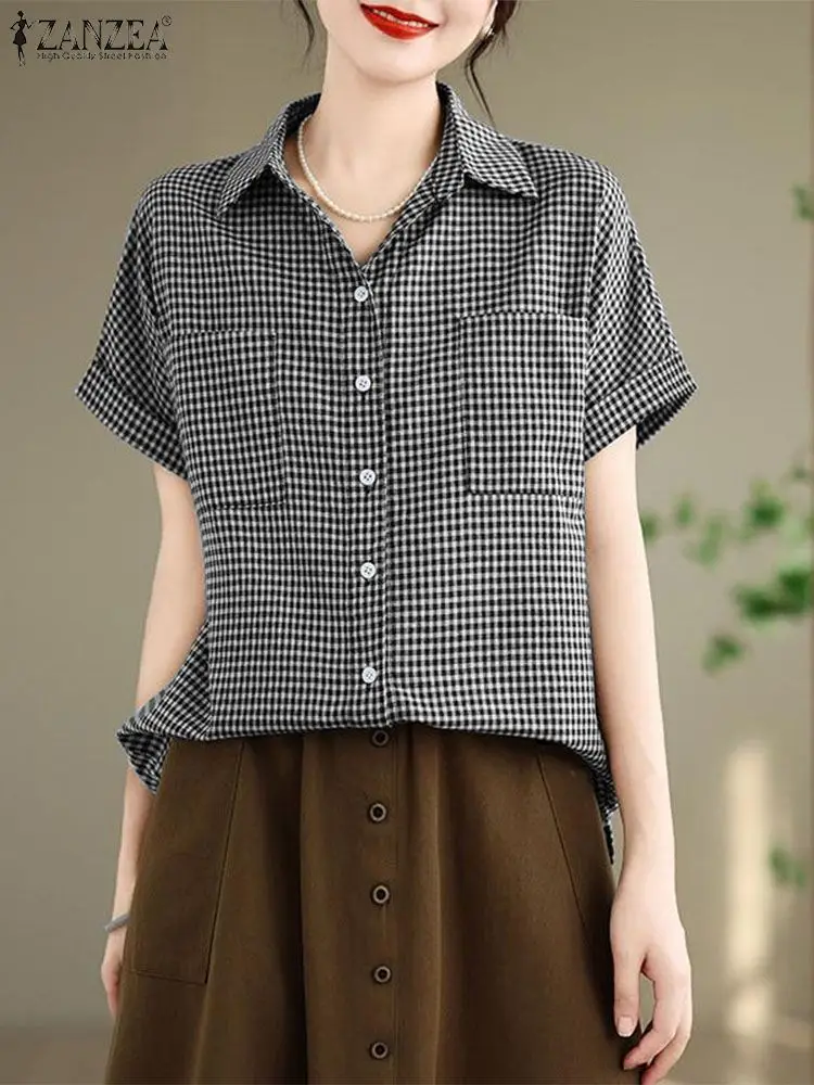 ZANZEA Summer Lapel Neck SHort Sleeve Shirt Vintage Women Plaid Checked Blouse Fashion Casual Tunic Tops Work Buttons Blusas