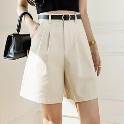 QOERLIN Retro Belted Bermuda Black Shorts Women High Waist Loose Casual Pocket Half Trousers 2022 Summer New Clothing S-XL