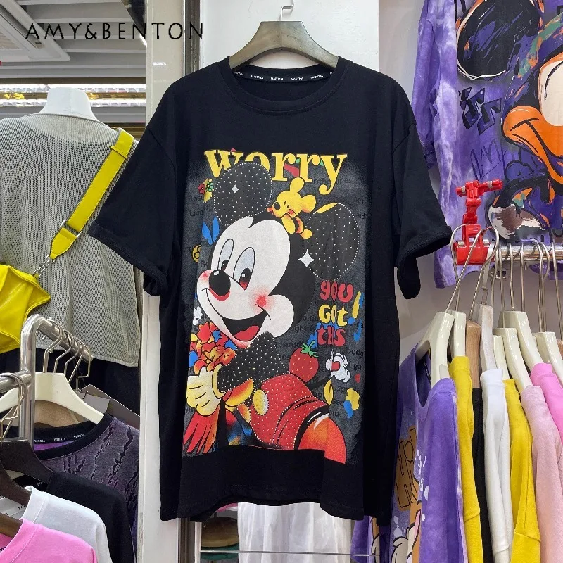 

2025 Summer New Korean Style Fashion O-neck Thin Versatile Top Trendy Cartoon Short-sleeved T-shirt Women's Heavy Industry Tees