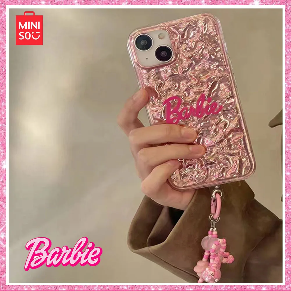 2024 Miniso Barbie Sweet Cool Tinfoil Texture Letter Print Bright Pink Iphone Case Iphone12/13/14/14Promax with Chain Girl Gift