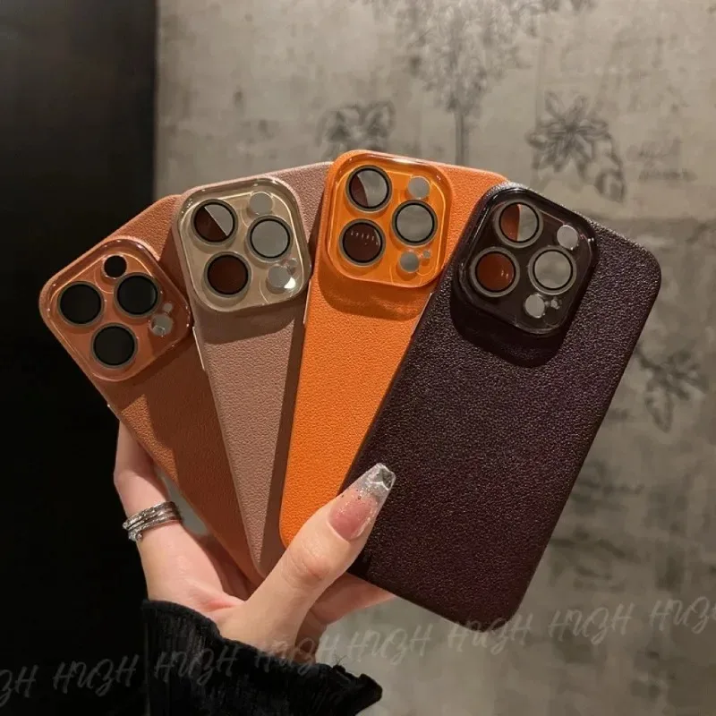 Litchi imitation dermatoglyphic solid color scrub, suitable for iphone 11 12 13 14 15 16 pro max, all-inclusive lens phone case